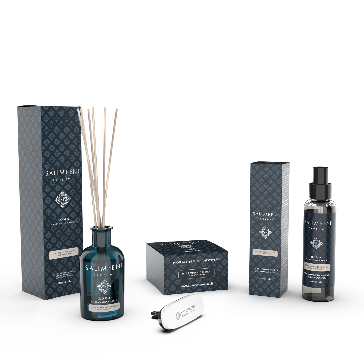 Soie et Musc Blanc 250ml + Diffuseur Voiture Blanc Soie et Musc Blanc + Vaporisateur d'Intérieur 150 ml Soie et Musc Blanc