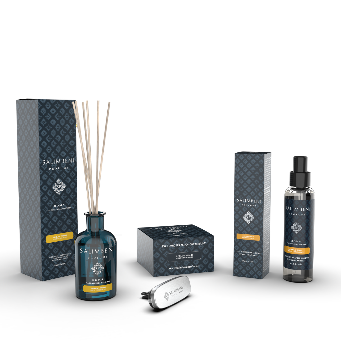 Agrumes Amers 250ml +  Diffuseur Voiture Chromé Agrumes Amers + Vaporisateur d'Intérieur 150 ml Agrumes Amers