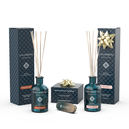 Salimbeni Antiek Hout 100 ml + Autoparfum Bronzen Afwerking Salimbeni Antiek Hout + Geurstokjes 100 ml Taormina Oranjebloesem