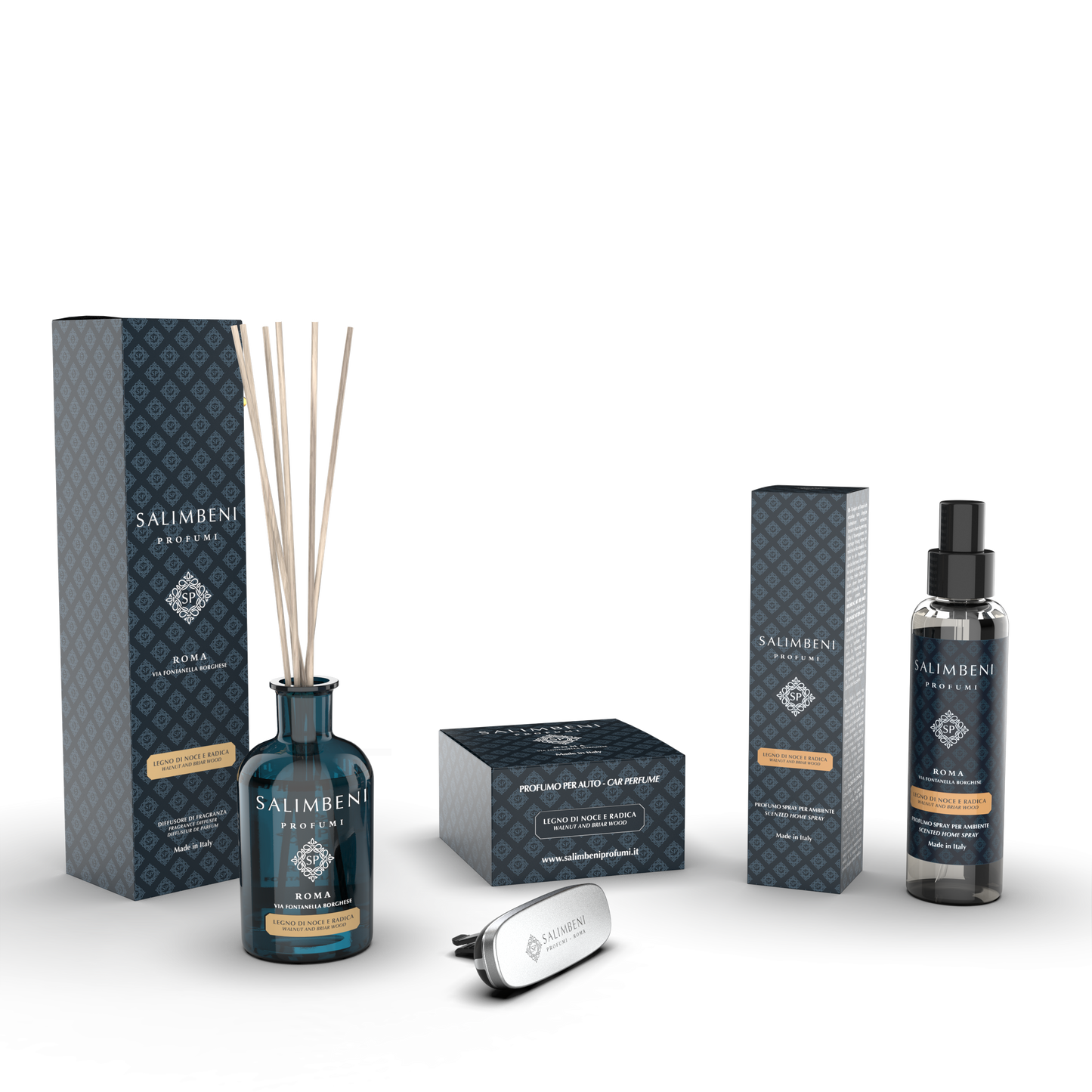 Bois de Noyer et Bruyère 250ml + Diffuseur Voiture Chromé Bois de Noyer et Bruyère + Vaporisateur d'Intérieur 150 ml Bois de Noyer et Bruyère