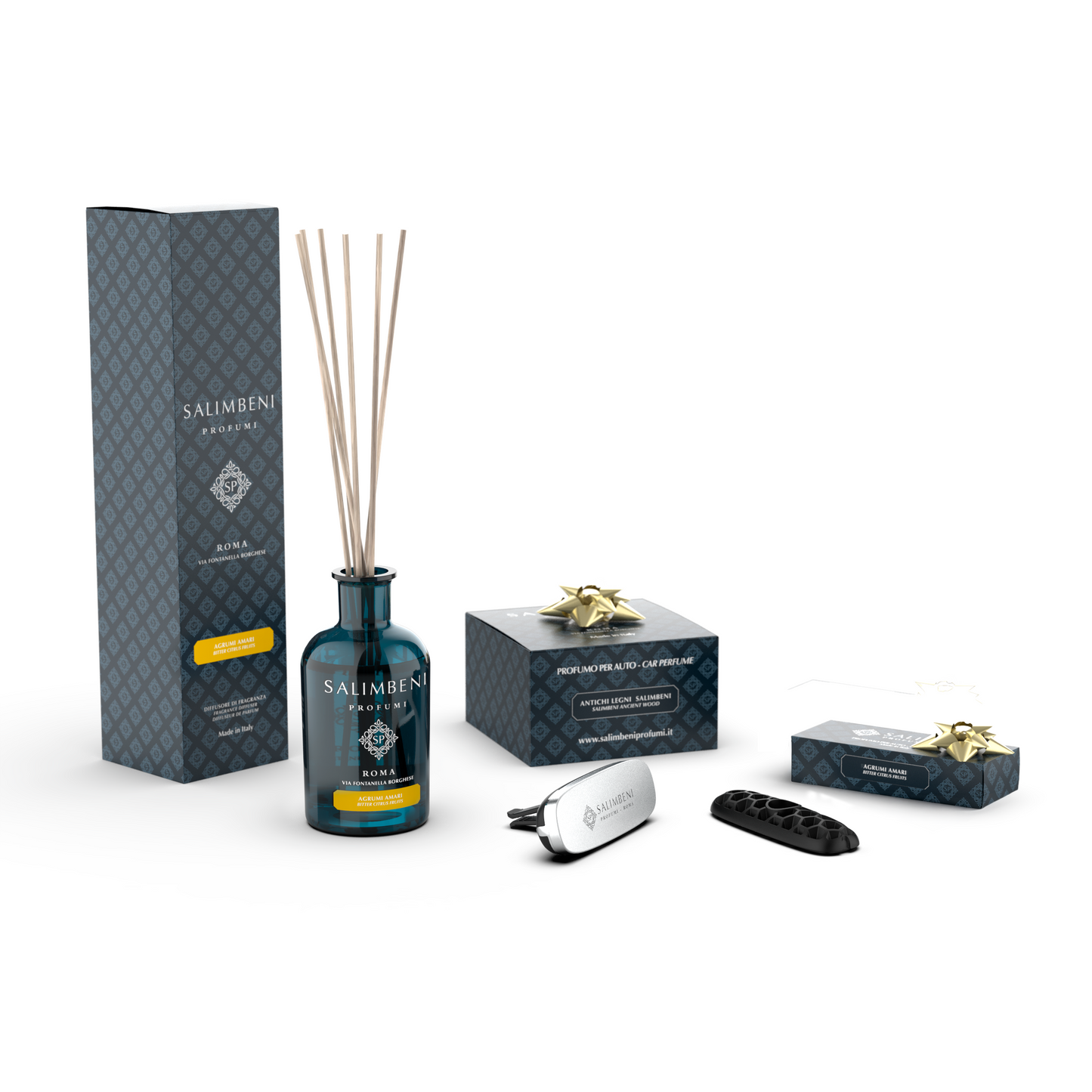 Diffuseur à Bâtonnets 100 ml (FRAGRANCE DE VOTRE CHOIX) +  Diffuseur pour Voiture Chrome Bois Anciens Salimbeni en ESSAI GRATUIT + 1 recharge pour voiture (MÊME PARFUM QUE LE DIFFUSEUR) en ESSAI GRATUIT