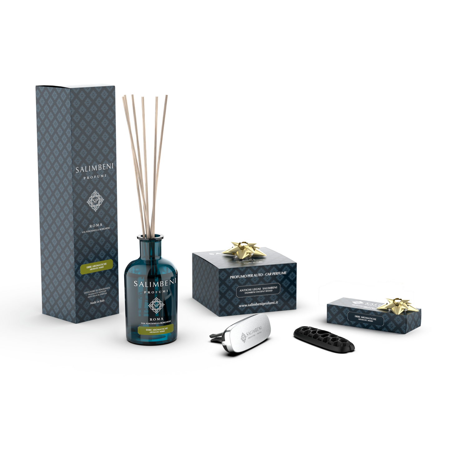 Diffuseur à Bâtonnets 100 ml (FRAGRANCE DE VOTRE CHOIX) +  Diffuseur pour Voiture Chrome Bois Anciens Salimbeni en ESSAI GRATUIT + 1 recharge pour voiture (MÊME PARFUM QUE LE DIFFUSEUR) en ESSAI GRATUIT