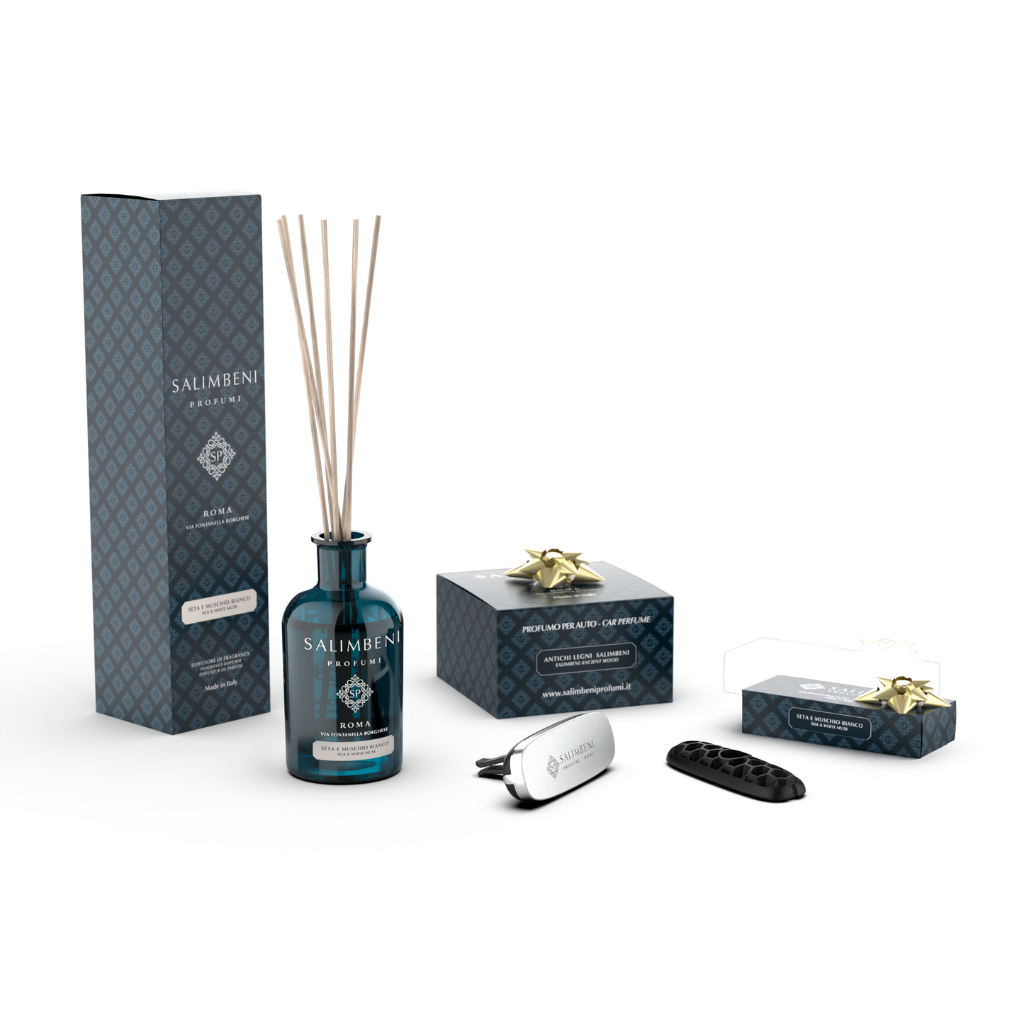 Diffuseur à Bâtonnets 100 ml (FRAGRANCE DE VOTRE CHOIX) +  Diffuseur pour Voiture Chrome Bois Anciens Salimbeni en ESSAI GRATUIT + 1 recharge pour voiture (MÊME PARFUM QUE LE DIFFUSEUR) en ESSAI GRATUIT