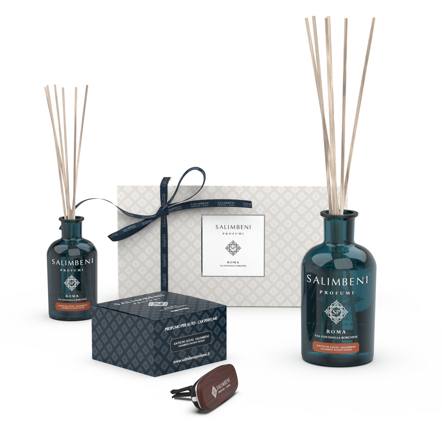 Coffret Cadeau Bois Anciens Salimbeni  (Diffuseur pour Voiture PREMIUM en Bois + Diffuseur à bâtonnets 100 ml + Diffuseur à bâtonnets 250 ml)
