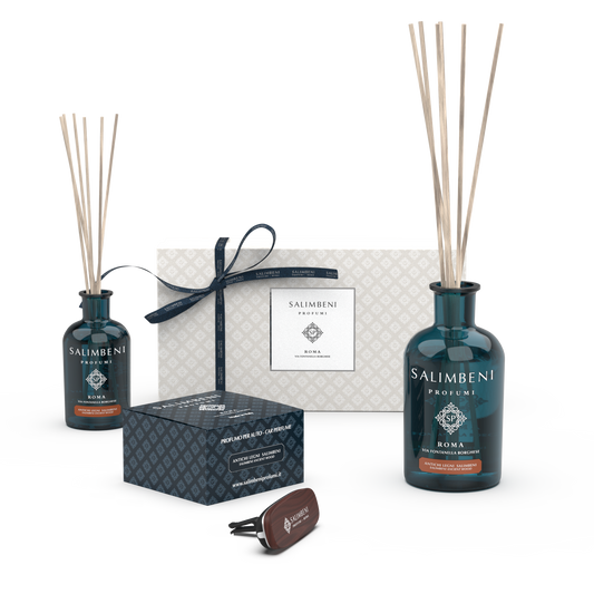 Salimbeni Antiek Hout (PREMIUM notenhouten autoparfum + 100 ml Geurstokjes + 250 ml Geurstokjes + Cadeauverpakking)