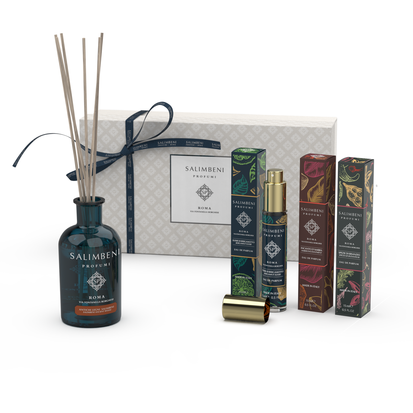 Cadeaupakket 100 ml Antiek Hout + 3 Reis Eau de Parfum 15 ml (Bergamot Elixir + Amber Betovering + Kruiden van Byzantion